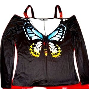 Lapa Butterfly Print Black Cold Shoulder Top with Gold Loops